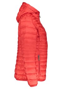 Veste matelassée rouge avec capuche, présentant un design matelassé, des poches avant zippées et une texture lisse et brillante.