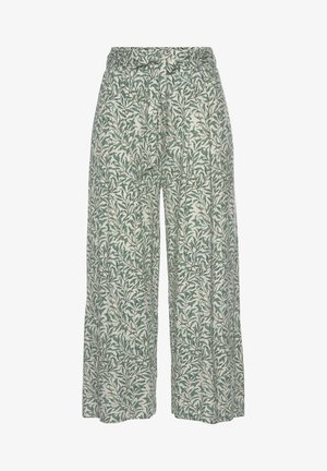 Leichte, blumengemusterte Hose in Creme mit grünen Blättern, ausgestattet mit einem elastischen Bund und weitem Bein für hohen Tragekomfort.