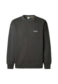 Sudadera gris oscura hecha de una tela suave, con un cuello redondo acanalado, mangas largas y un pequeño logo blanco de "Pepe Jeans London" en el pecho.