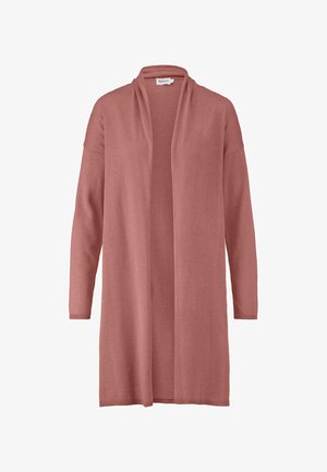 Long open cardigan in soft, light pink fabric. Features a draped collar, long sleeves, and a relaxed fit with ribbed cuffs.