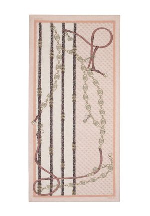 Sciarpa rettangolare in toni rosa e beige, con strisce verticali a stampa leopardata e motivi di catene e cinture dorate.
