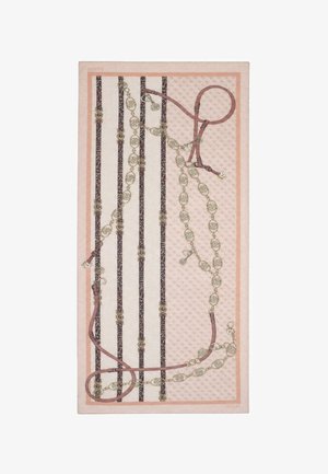 Écharpe rectangulaire aux tons roses et beiges, avec des rayures verticales à imprimé léopard et des motifs de chaînes et ceintures dorées.
