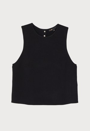 Czarny top bez rękawów, wykonany z miękkiego materiału. Okrągły dekolt z dwiema dekoracyjnymi guzikami z tyłu, czysty dół i prosty fason.