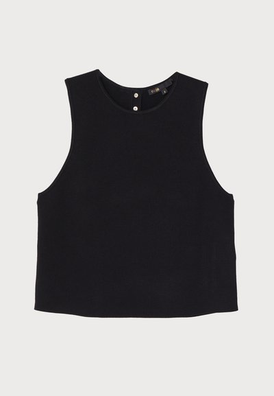 Svart ermeløs topp, laget av mykt stoff. Rund hals med to dekorative knapper bak, ren kant og enkelt design.