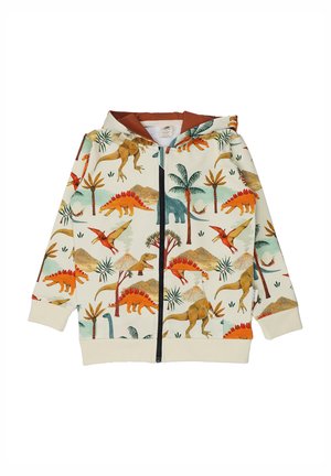 Children’s zip-up hoodie with cream base, featuring colorful dinosaurs, palm trees, and volcanoes in a prehistoric theme.