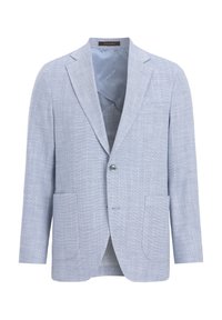 Blazer a spina di pesce blu chiaro con un singolo bottone, rever a pitone, due tasche frontali e fodera interna in satin. Superficie in tessuto texturizzato.