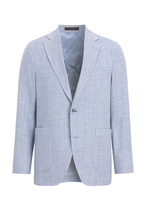 Himmelblaues Fischgräten-Blazer mit einem einzelnen Knopf, Revers, zwei Fronttaschen und einem satinartigen Innenfutter. Strukturierte Stoffoberfläche.