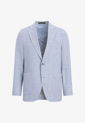 Jasnoniebieska marynarka w jodełkę z jednym guzikem, klapkami, dwiema przednimi kieszeniami oraz satynowym podszewką. Teksturowana powierzchnia materiału.