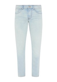 Jasnoniebieskie dżinsy wykonane z denimu, o dopasowanym kroju, w stylu pięciu kieszeni z guzikiem i zamkiem błyskawicznym, z lekkim wyblaknięciem i czystym wykończeniem.