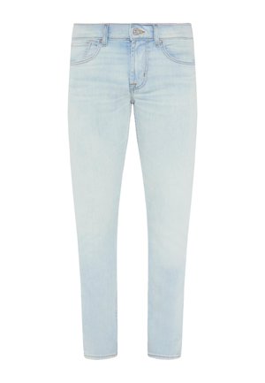 Hellblaue Jeans aus Denim, Slim-Fit-Design, 5-Pocket-Stil mit Knopf- und Reißverschlusshosenschlitz, mit leichter Ausbleichung und sauberem Finish.