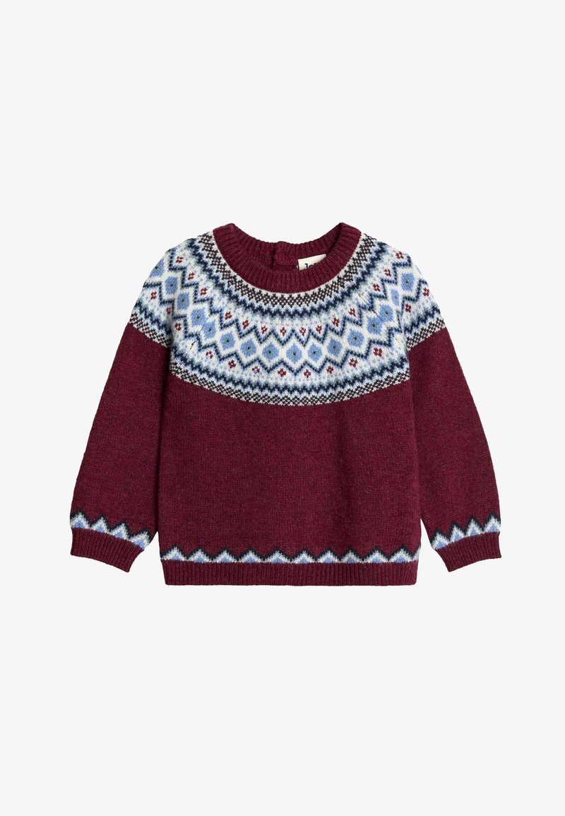 Sweter dzianinowy w kolorze burgundowym z wzorzystą wstawką w jasnoniebieskie, białe i ciemne wzory. Żebrowany dekolt i mankiety.