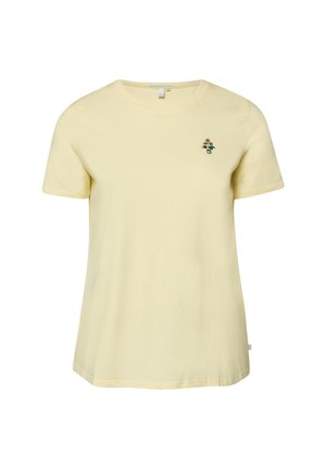 Lichtgeel T-shirt met korte mouwen en ronde hals met kleine geborduurde bloem- en letterdetails op de linkerborst.
