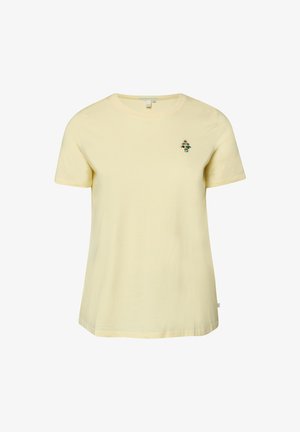 Lichtgeel T-shirt met korte mouwen en ronde hals met kleine geborduurde bloem- en letterdetails op de linkerborst.