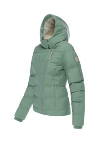 Gewatteerde jas in lichtgroen, met een capuchon, asymmetrische rits, geribde manchetten en een logoaccent op de linkermouw.