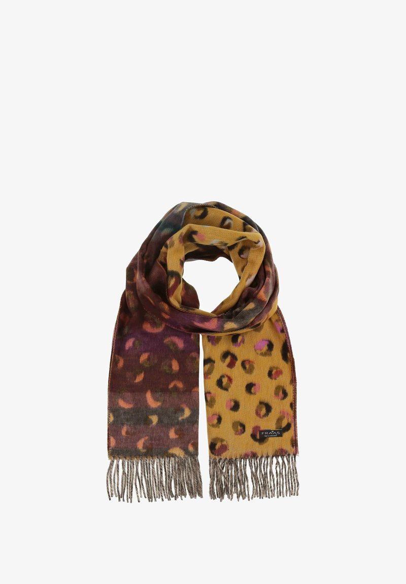 Écharpe en imprimé léopard dans des tons riches de jaune et de violet, dotée d'un tissu doux avec des bords à franges et d'une étiquette de marque tissée.