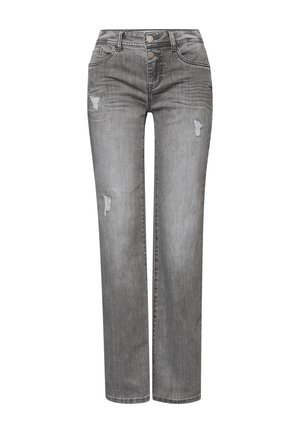Jeans in denim grigio con una vestibilità dritta, caratterizzati da dettagli strappati sulla parte anteriore, chiusura a doppio bottone e design classico a cinque tasche.