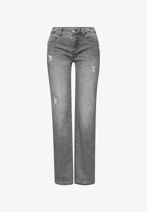 Jeans in denim grigio con una vestibilità dritta, caratterizzati da dettagli strappati sulla parte anteriore, chiusura a doppio bottone e design classico a cinque tasche.
