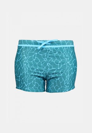 Shorts de bain turquoise avec un motif ondulé bleu clair, taille élastique avec cordon de serrage et design ajusté. Fabriqués en tissu léger.