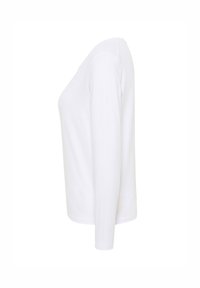 Weißes Langarm-T-Shirt aus weicher Baumwolle mit Rundhalsausschnitt und minimalen Nähten. Glatte Textur mit einem einfachen, ungeschmückten Design.