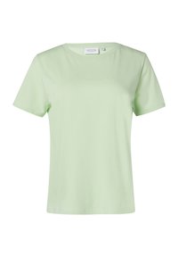 Light green cotton T-shirt with short sleeves, round neckline, and subtle embossed text on the front; smooth texture and basic design.