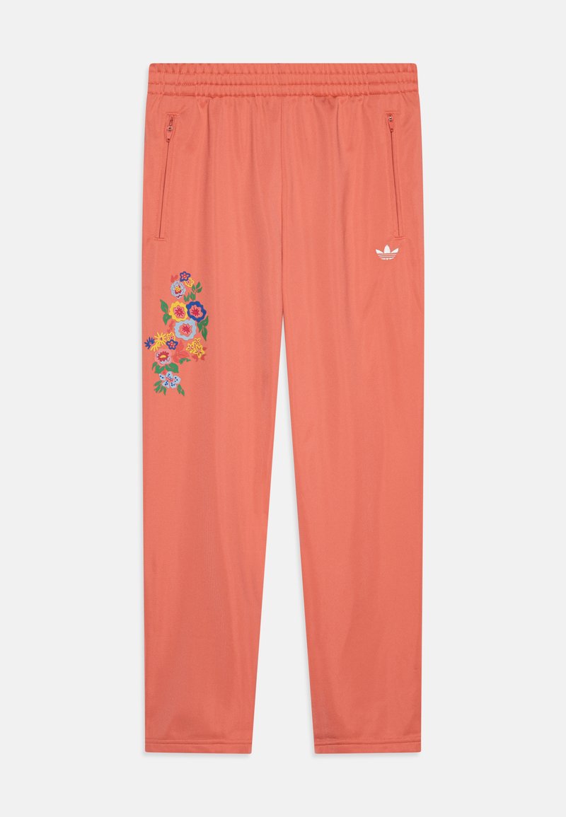 Calças de atletismo corais com cintura elástica, duas bolsos laterais com fecho éclair e bordado floral em várias cores na perna esquerda.