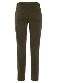 Pantalons droit en vert olive, avec une texture lisse. Comprend cinq poches et des détails de couture subtils. Taille plate et ourlets.