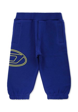 Blauwe sweatpants met elastische tailleband, twee zijzakken en een groot geel logo ontwerp op het linkerbeen. Elastische boorden bij de enkels.