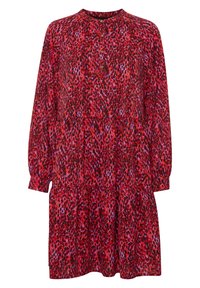 Abito a fantasia rosso e viola con maniche lunghe, scollatura rotonda e dettagli con bottoni. Presenta una gonna a strati e una texture di tessuto leggero.