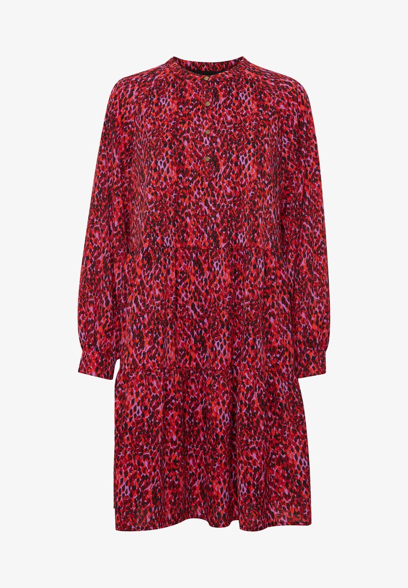 Abito a fantasia rosso e viola con maniche lunghe, scollatura rotonda e dettagli con bottoni. Presenta una gonna a strati e una texture di tessuto leggero.