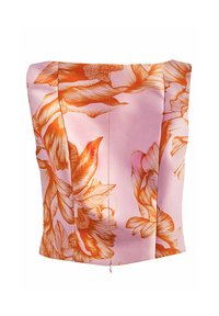 Haut bustier rose à corset avec un grand imprimé floral orange et une fermeture éclair à l'avant.