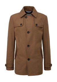 Brauner Wollmischmantel mit doppelter Knopfleiste, schwarzen Knöpfen und seitlichen Taschen. Auffälliger strukturierter Kragen und taillierte Passform.