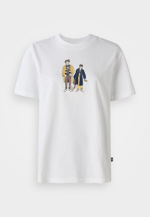 White cotton t-shirt featuring a graphic illustration of two cartoon figures in colorful clothing. Round neckline and short sleeves.