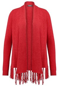 Cardigan rouge en maille côtelée ouverte sur le devant, manches longues et détail à franges sur l'ourlet.