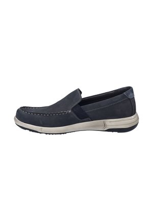 Marinefarbene Slipper mit strukturiertem Obermaterial, kontrastierendem Elastikpanel und einer hellgrauen Gummisohle mit Profil für besseren Halt.