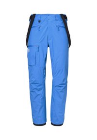 Blaue isolierte Schneehosen mit einem Rautenmuster, verstellbaren Trägern, mehreren Reißverschlusstaschen und elastischen Bündchen an den Knöcheln. Robuster Stoff.