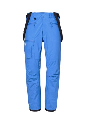 Blaue isolierte Schneehosen mit einem Rautenmuster, verstellbaren Trägern, mehreren Reißverschlusstaschen und elastischen Bündchen an den Knöcheln. Robuster Stoff.