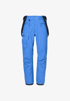 Blaue isolierte Schneehosen mit einem Rautenmuster, verstellbaren Trägern, mehreren Reißverschlusstaschen und elastischen Bündchen an den Knöcheln. Robuster Stoff.