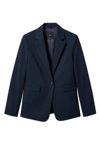 Blazer bleu marine en tissu lisse, doté d'un col à revers, d'une fermeture à un bouton, de deux poches avant et de manches longues.