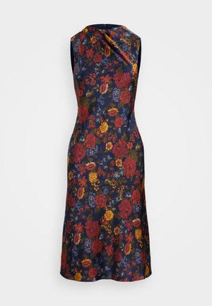 Tumedast mersisest valmistatud lilleline kleit, millel on punased, kollased ja sinised lilled. Üksikutega, voolava dekoltee ja A-linja siluett.