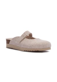 Beige filtklackar med öppen baksida, texturerad yta och kontrasterande brun klack. Justerbart band över toppen för säker passform.