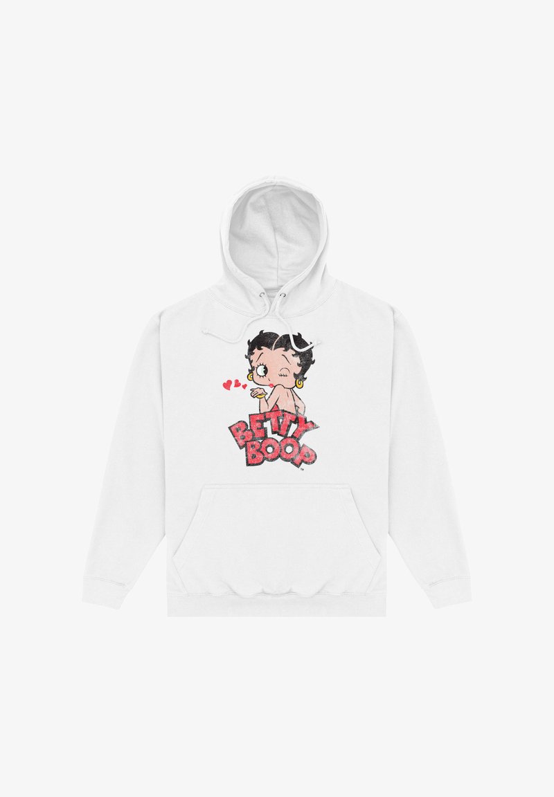 Biała bluza z kapturem z kolorową grafiką przedstawiającą postać z kreskówki oraz napisem "BETTY BOOP" pisanym dużymi literami. Zawiera kieszeń z przodu.
