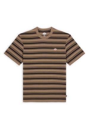 Camiseta de algodón a rayas marrones con mangas cortas y escote de pico. Presenta rayas alternas en color crema y negro. Pequeño logo en el pecho.