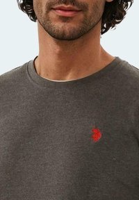 Graues Baumwoll-T-Shirt mit Rundhalsausschnitt und kurzen Ärmeln, mit einem kleinen roten gestickten Logo auf der linken Brust.