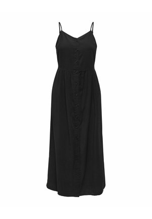 Mustast värvist varrukateta midi-kleit õhukeste rihmadega, ees nööpidega ja kogutud vöökohaga, valgel taustal.