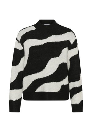 Fekete-fehér mintázatú pulóver magas nyakkal, hullámos mintával a teljes felületen, bordás mandzsettákkal és alsó résszel. Puha textúra.