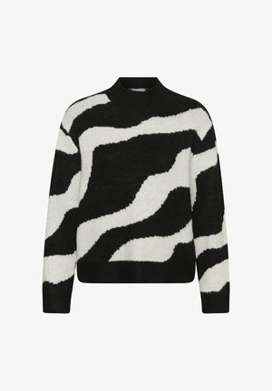 Fekete-fehér mintázatú pulóver magas nyakkal, hullámos mintával a teljes felületen, bordás mandzsettákkal és alsó résszel. Puha textúra.