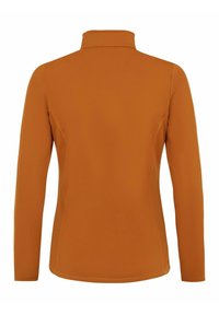Langsleeve, oranje top met een staande kraag; gladde textuur; aansluitend ontwerp met zijnahts en geen zichtbare sluitingen of patronen.