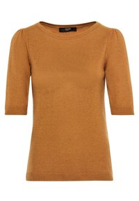 Kortärmad kashmirbrun stickad tröja med ribbad halsringning, ärmslut och nederkant, designad för kvinnor.