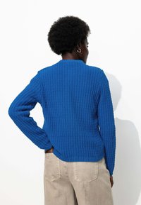 Pull en tricot bleu avec un motif texturé, des poignets côtelés et un col rond, associé à un pantalon beige, vu de dos.