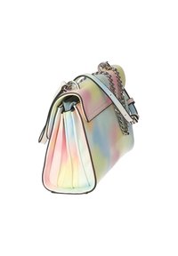 Pastel gradient læder håndtaske med plisserede sider, sølvfarvet kædestrop og struktureret design. Har en klaplukning og blød tekstur.